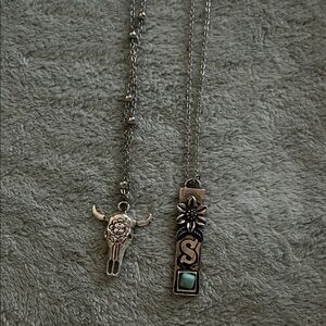 Silver Bull Skull and Initial Pendant western Necklaces